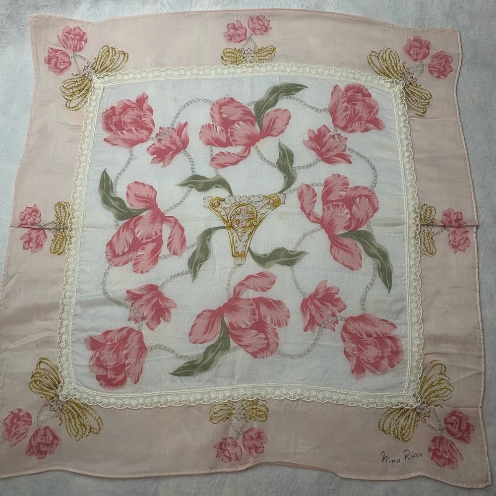 Vtg NINA RICCI Scarf Handkerchief Floral Tulip Cotton Pink 17"